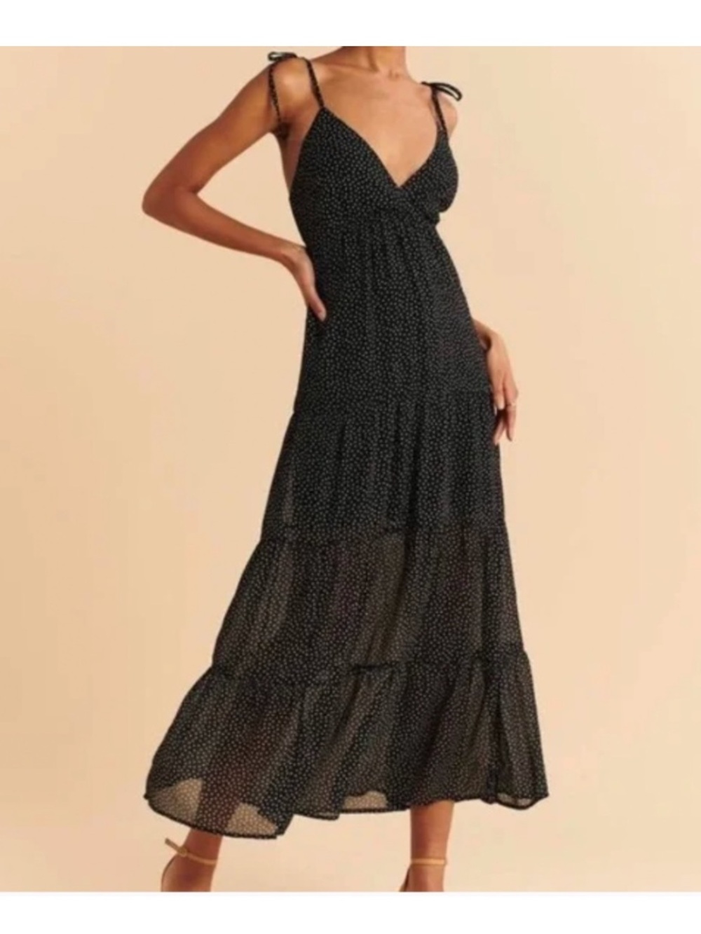 Abercrombie & Fitch V Neck Tie Straps Black Polka Dot Maxi Dress